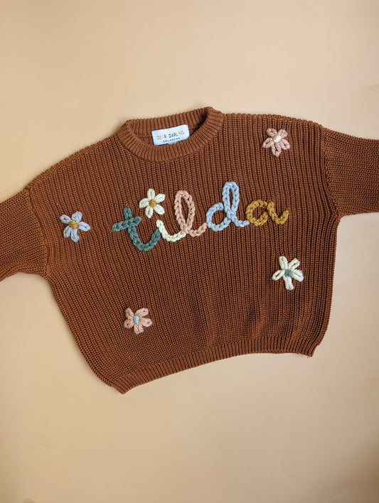cinnamon brown hand embroidered childrens jumper with flowers